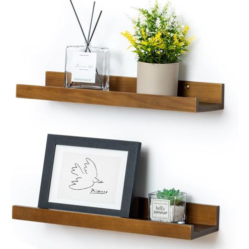 16 Inches Floating Shelves for Wall, Solid Pine Wood Picture Ledge Shelves, Walnut Wall Shelves with Lips, Nursery Book Shelves for Toys Storage Living Room Bedroom Photo Frames (2 Pcs, Walnut)
