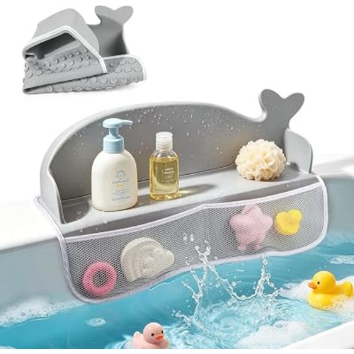 MCGMITT Splash Guard for Bathtub, Silicone Bath Shelf for Kid, Tub Splash Guard with Strong Suction Cups & Storage Mesh Pockets, Foldable Bath Toy Tray Caddy Holder, Prevent Water Spills in Bathroom