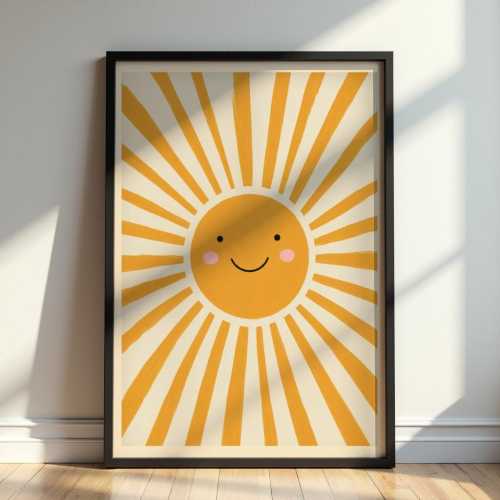 Smiling Sun Nursery Wall Art Print, Boho Sunshine Poster, Happy Sun Kids Room Decor, Minimalist Baby Nursery Artwork