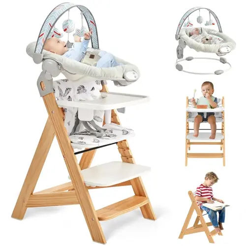 Wooden High Chair with Tray, Adjustable High Chair for Babies Toddler Adult, Convertible Baby Highchair, 5 Point Safety Harness & Soft Cushion & 3 Toys, Adjustable Footrest & Infant Bouncer, Natural
