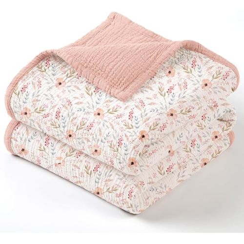 lulumoon Muslin Baby Blanket for Girls - Soft Cotton for Newborn - 4 Layer Reversible Breathable Floral Receiving Blanket for Nursery Crib and Stroller 47"x47" (Pink Flower)