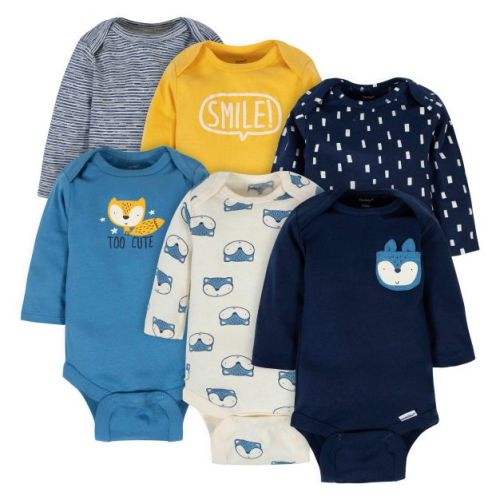 Gerber Baby and Toddler Boys' Long Sleeve Onesies Bodysuits - Fox - 0-3 Months - 6-Pack