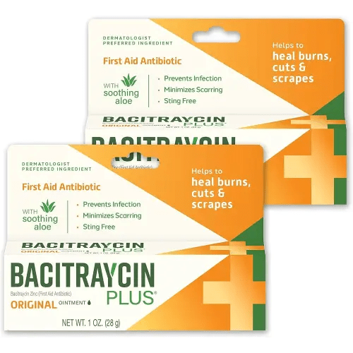 Bacitraycin Plus First Aid Antibiotic Wound Healing Ointment for Minor Cuts, Scrapes and Burns, with Bacitracin Zinc and Moisturizing Aloe Vera, Original, 1 oz, 2 Pack