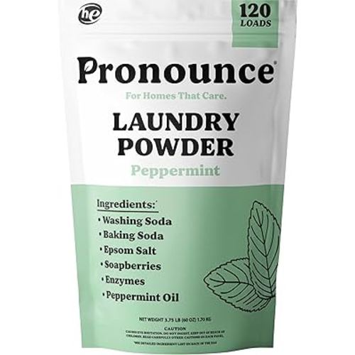 Pronounce Laundry Detergent Powder Alternative | Non-Toxic, Eco-Friendly, Natural for Sensitive Skin, Eczema, and Babies. Stain + Smell Fighting. HE Safe (Peppermint, 120 Loads)