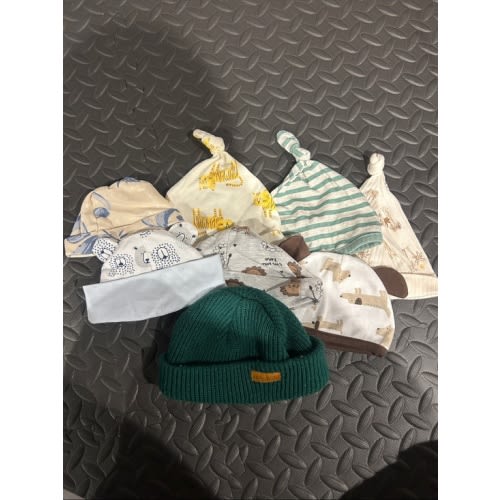 Baby Knit Beanie and Cotton Knot Hat Bundle - Green, Cream, Yellow, Blue