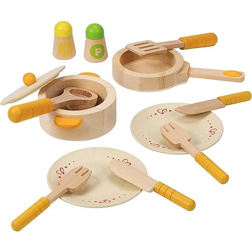 Hape Gourmet Play Kitchen Starter Accessories Wooden Play Set| 13 PCs Pretend Cookware Plates Dishes Play Kitchen Sets for Kids