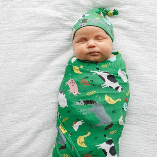 Green Farm Animals Bamboo Viscose Swaddle + Hat Set