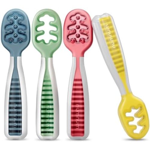 NumNum Baby Spoons Set, Baby Essentials Pre-Spoon, Self-Feeding Spoons for BLW, Silicone Toddler Utensils, BPA-Free, 4 Pack