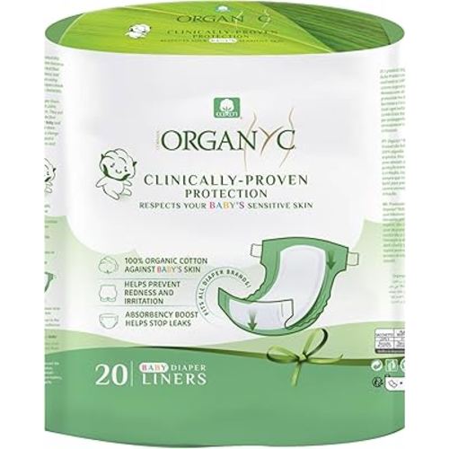 Organyc 100% Certified Organic Cotton Baby Diaper Liner for Sensitive Skin, Fits All Brands and Sizes Diapers Except New Born, 20 Count