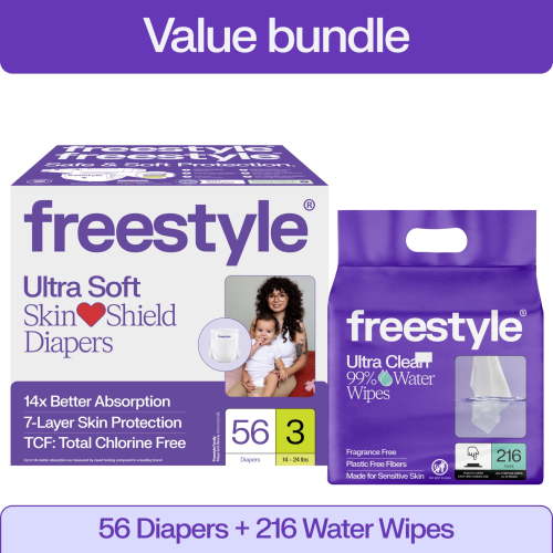 Freestyle Diapers Size 3, 56 Count & Fragrance Free Baby Wipes, 216 Count Bundle (Select for More Options)