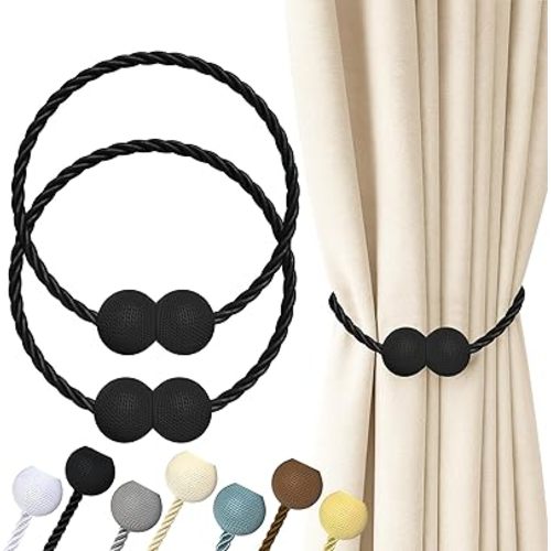 Hion Magnetic Curtain Tiebacks Black 2pcs, Curtain Tiebacks Buckles Holdbacks Holders Hooks Clip for Home Outdoor Bedroom Office Decorative Curtain