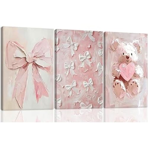 3Pcs Pink Teddy Bear Canvas Wall Art Coquette Bow Poster Print Cute Animal Wall Decor Pink Nursery Picture Painting for Baby Girl And Kids Bedroom Home Decorations 12*16 (Stretched Canvas on A Wooden Frame)