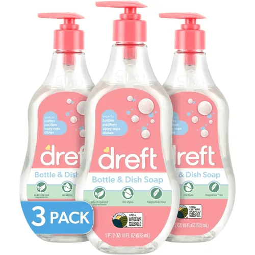 Dreft Bottle and Dish Soap, Plant-Based Ingredients and Fragrance Free Formula, Baby Bottle Wash, 18 Fl Oz (Pack of 3)
