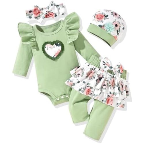 fioukiay Newborn Baby Girl Clothes Infant Girls Floral Love Printed Romper and Ruffle Pants Sets 4pcs Winter Fall Outfits