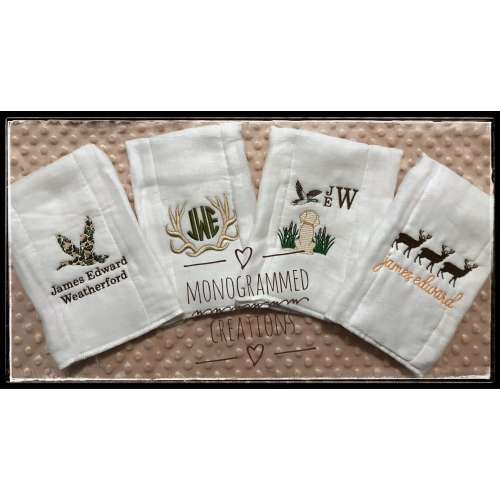 4 Piece Embroidered Hunting Duck Dog Deer Antler Themed or Western Cowboy Boot Hat Rodeo Themed Burp Cloths – Personalized Baby Gift Set