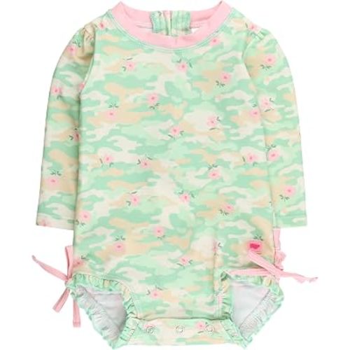 RuffleButts Baby Girls UPF 50+ Sun Protection Floral Printed Long Sleeve One Piece Rash Guard Swimsuit with Zipper