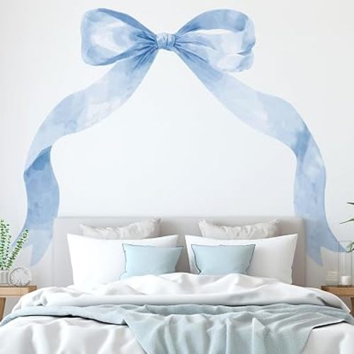 Fullhawl 59 x 45 Inch Large Boho Bow Wall Stickers Peel and Stick Coquette Girl Room Decor Large Watercolor Bow Stickers Preppy Waterproof Vinyl Decals Wall Decor for Girl Room Nursery(Pastel Blue)