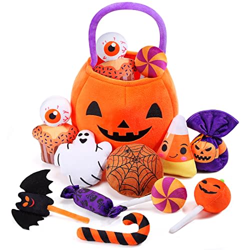 HyDren 11 Pcs Halloween Pumpkin Toys My First Plush Halloween Basket Pumpkin Baskets with Handles Ghost Candy Corn Bat for Kids Toddler Party Decoration Gift(Orange)