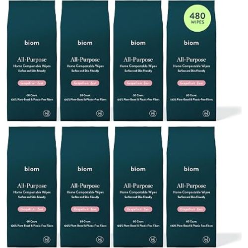 Biom All-Purpose Cleaning Wipes Refill (8pk x 60ct Each) - Biodegradable, All Natural, Plant-Based, Non-Toxic Wipes for Home & Travel - Kid & Pet Friendly (Grapefruit)