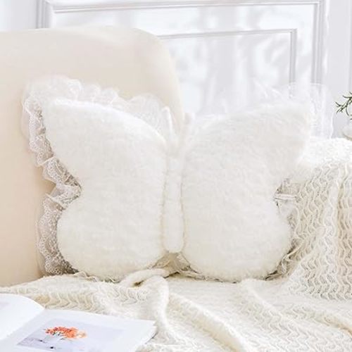 Butterfly Pillow White Decorative Pillows 15" Butterfly Shaped Cute Throw Pillows with Lace Aesthetic Bow Plush Cushion for Room Decor Bed Sofa Couch
