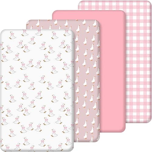 4 Pack Silly Goose Crib Fitted Sheet for Boys Girls - 52" x 28" Fitted Baby Sheet with Goose and Gingham Style for Standard Mattress Gift Set, Microfiber & Soft Breathable(Pink)