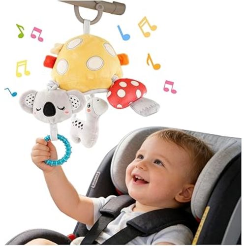 Musical Baby Toys for Car Seat 6-12 Months, Travel Sensory Toy 3 Months, Montessori Plush Toys for Roadtrip with Crinkle Textures Pulling Flutter Squeaky Mirror Newborn Infant Valentine Gift