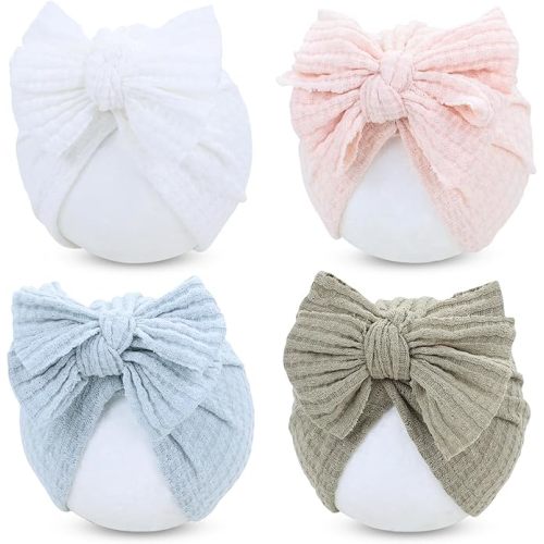 Cinaci 4 Pieces Baby Girls Turban Hats with Bow Newborn Hospital Caps Bonnets Beanies Headwraps for Infants Toddlers