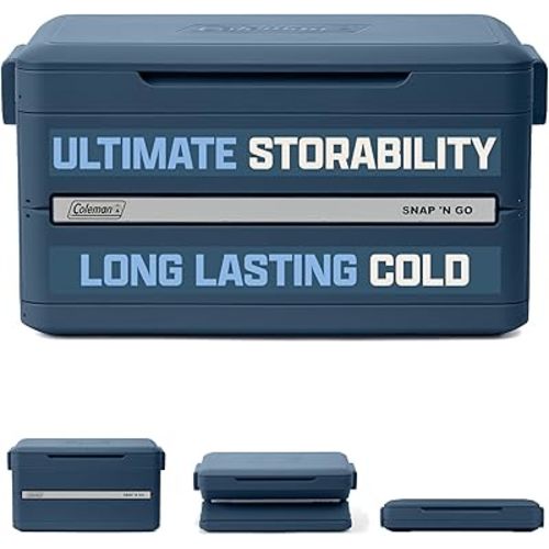 Coleman Snap 'N Go 45-Quart Collapsible Hard Cooler, Portable Hard-Sided Cooler with Waterproof Removable Liner, Spacing-Saving & Quick Set Up, 55 Hours Cold, Sapphire Blue