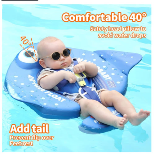 Mambobaby Float with Canopy and Tail New Upgraded Non-Inflatable Baby Pool Float Mambo Float Swim Trainer Solid Infant Swim Float Adjustable Pearl Foam Baby Swim Ring