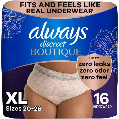 Always Discreet Boutique Incontinence and Postpartum Underwear for Women, Maximum Protection, Extra Large, Rosy, 16 Count