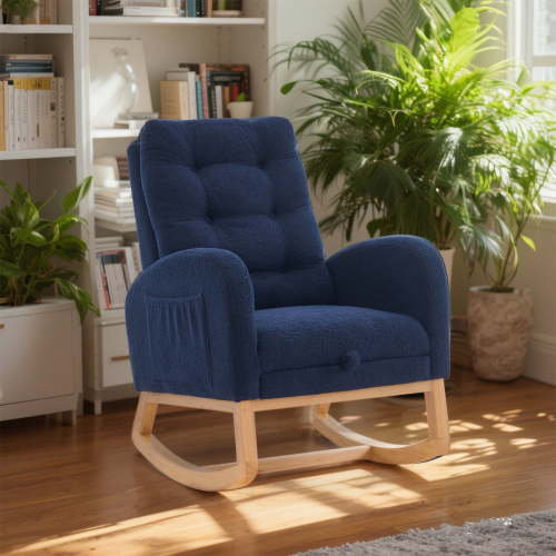 YIYADO Rocking Chair with Footrest & Side Pocket, High-Back Accent Lounge Chair for Nursery, Living Room, and Bedroom, Rubber Wood Base, Deep Navy Blue , 38.36"W x 26.77"D x 39.76"H