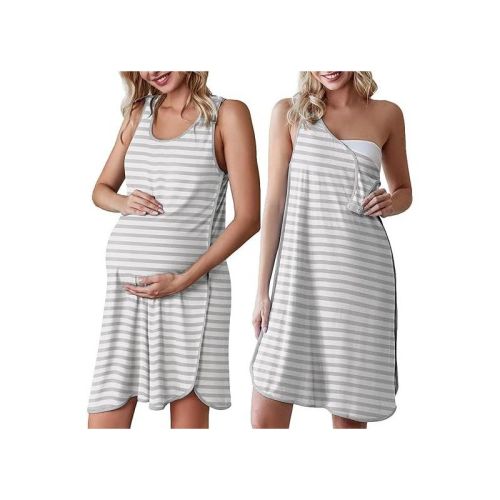 Ekouaer Labor and Delivery Gown for Hospital 3 in 1 Nursing Dress Sleeveless Maternity Snap Button Breastfeeding Nightgown &nbsp;Grey Striped M