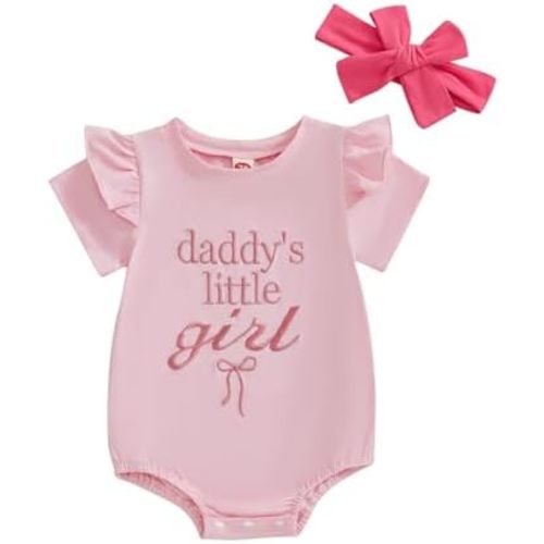 FYBITBO Daddys Little Girl Baby Outfit Ruffle Short Sleeve Shirt Onesie Bubble Romper Daddys Girl Clothes with Headband