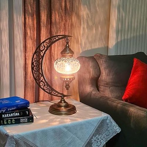 Turkish Moon Table Lamp with Cracked Glass Pattern | Exquisite Cracked Pattern Glass | Unique Moroccan Vintage Decorative Lamp | Illuminate Your Home with Elegance (Transparent)