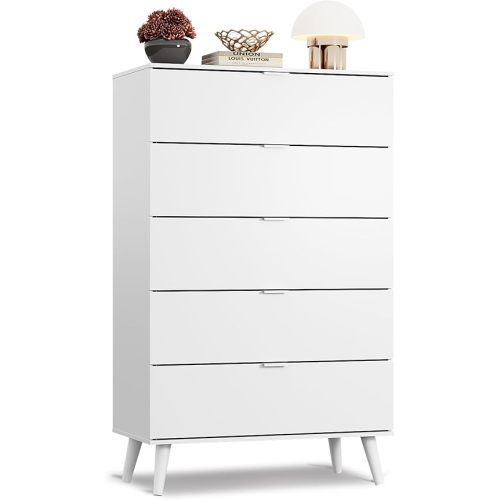 WLIVE 5 Drawer Dresser for Bedroom, Tall Wood Dresser, White Dressers Storage Organizer with Sturdy Metal Handle, Chest of Drawers for Living Room, Hallway, Closet