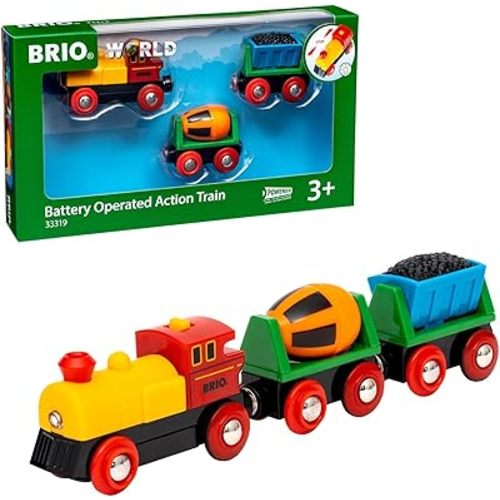 BRIO World Battery Operated Action Train - Motorized for Wooden Tracks - Kids Electric Set - Includes Moving Coal Wagon & Rotating Cement Mixer - Compatible with All Railway Sets - Kids Ages 3 & Up