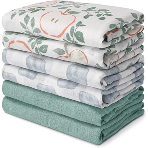 GLLQUEN BABY Receiving Blanket Boy Cotton Muslin Swaddle Blankets Girl Newborn Squares Breathable & Soft Thin Baby Blankets Cloths Double Absorbent Infant Swaddling Wrap - 6 Pack (Apple)