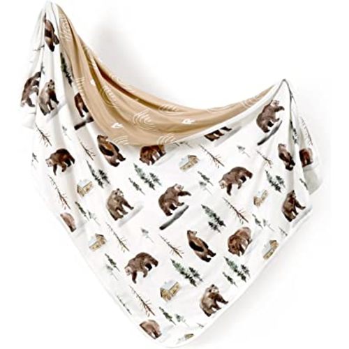 GRSSDER Baby Blankets Super Soft Stretchy Jersey Knit Swaddle Blanket for Girls and Boys, Double Layer Reversible Receiving Blankets 34 x 44, Extra Large for Swaddling, Jungle Bear/Rainbow