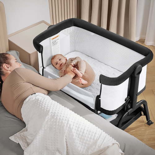 3 in 1 Baby Bassinet, Bedside Sleeper, Washable Mattress, Adjustable Height, Easy Folding, Mesh Crib, Black