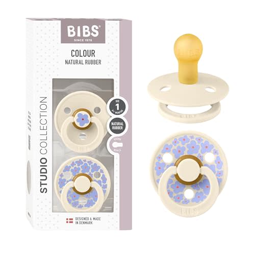 BIBS Pacifiers - Studio 2 Pack | Round Nipple Baby Pacifier | BPA Free Natural Rubber Latex Soother | Made in Denmark | Size 0+ Months | Jasmine Fossil Grey