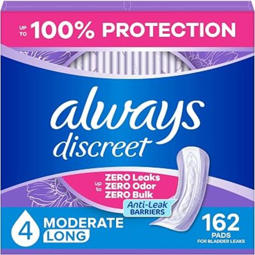 Always Discreet Adult Incontinence Pads for Women, Drier, 4 Drop Long Length, Moderate Absorbency, Pads for Bladder Control Management, Bladder Leaks, & Postpartum Pads, 162ct