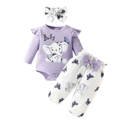 Baby Girl Clothes Summer Cute Outfits 3 6 12 18 Months Girls Long Sleeve Ribbed Cartoon Prints Romper Bodysuit Pants Headbands Outfits 6-9 Months