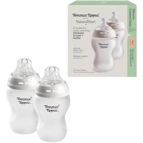 Tommee Tippee Silicone Coated Glass Baby Bottles, Anti-Colic, 0m+, 9oz