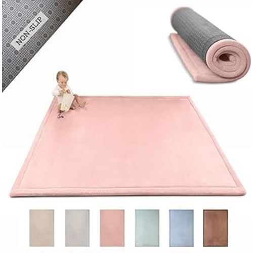 Stylish Coral Velvet Baby Play Mat 60" x 80" Pink – Soft 1" Thick High-Density Memory Foam Nursery Rug – Playmat for Floor with Non-Slip Backing for Crawling & Playing – Non-Toxic, odorless Area Rug