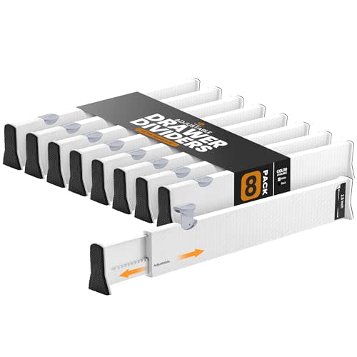 RAPTUROUS Adjustable Drawer Dividers, 2.5" Tall, Expandable 13-22", 8-Pack, Non-Slip for Dresser, Closet, Kitchen, Nursery, and Office (White)