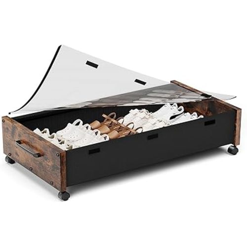 KITHELP Wooden Under Bed Storage with Wheels, Rolling Under the Bed Storage Bins with Removable Lid, Metal Under Bed Drawers for Clothes and Shoes in Bedroom or Living Room(Vintage Brown-1pack)