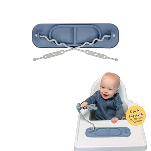 BUSY BABY Silicone Mini Mat - NEW and Improved Suction Cups, 2 Straps to Secure Baby Essentials, Self Feeding, Baby Led Weaning, Travel Wet Bag Included (Pewter Mini)