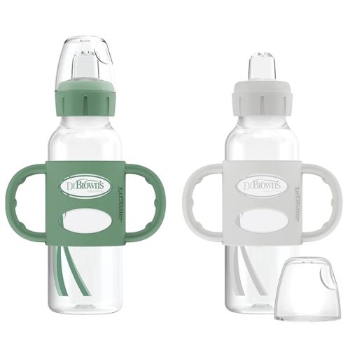 Dr. Brown's Milestones Narrow Sippy Spout Bottle with 100% Silicone Handles, Easy-Grip Handles with Soft Sippy Spout, 8oz/250mL, Green & Gray, 2-Pack, 6m+