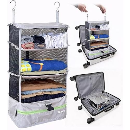 Grand Fusion Stow-N-Go Portable Hanging Travel Shelves, Packing Organizer for Luggage. Carry on Closet with Hanger for Clothes. Expandable Packing Cube. Travel Essentials, Light Gray - L