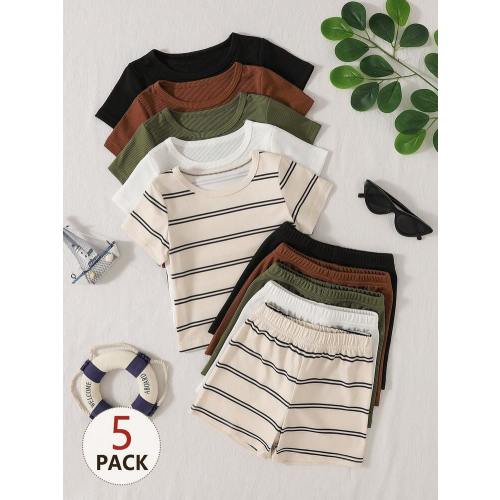 SHEIN Playful Pals 2pcs/Set Infant/Toddler Boys' Casual Solid Color Daily Wear Round Neck Short Sleeve T-Shirt And Shorts Set, 5 Color Combination, Suitable For Summer | SHEIN USA